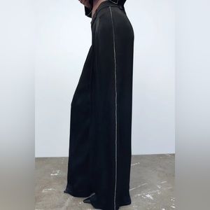 New with Tags Zara Black Satin Effect Pleated Pants with Rhinestone Detail